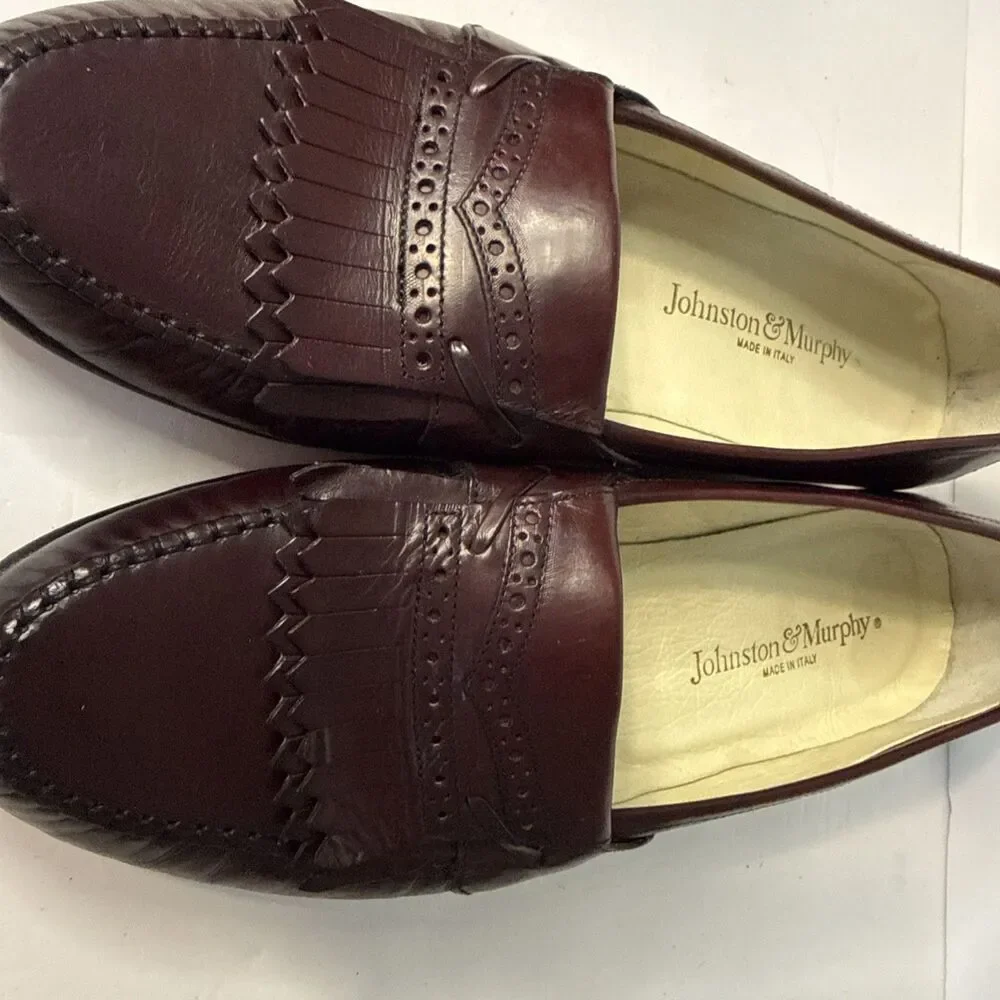 Johnston Murphy Loafers Shoes Mens 10 Burgundy Leather Office Brogue Italy